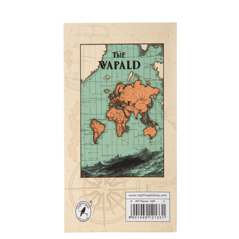 Notebook cover with world map design and 'The Wapald' branding on a beige background