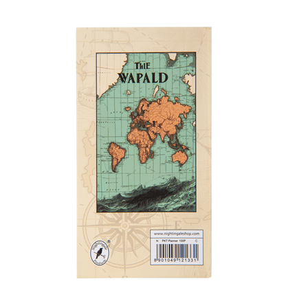 Notebook cover with world map design and 'The Wapald' branding on a beige background