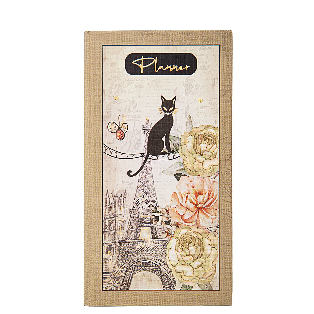 Planner cover with a cat, Eiffel Tower, and flowers on a beige background