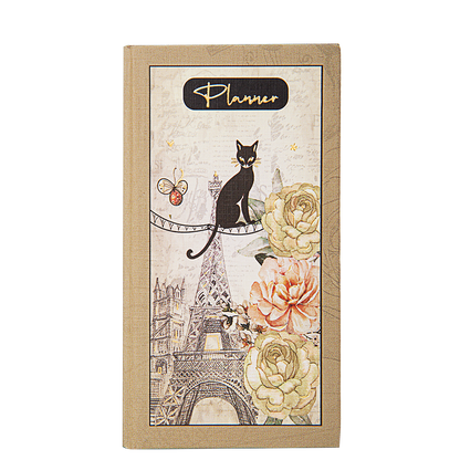 Planner cover with a cat, Eiffel Tower, and flowers on a beige background