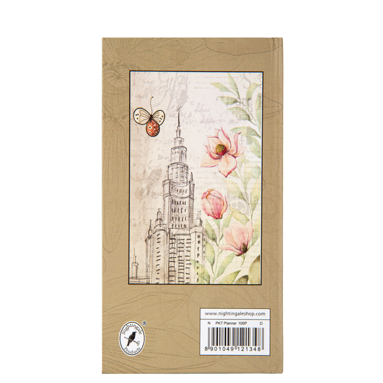 Packaging of a planner with floral and architectural design on a beige background