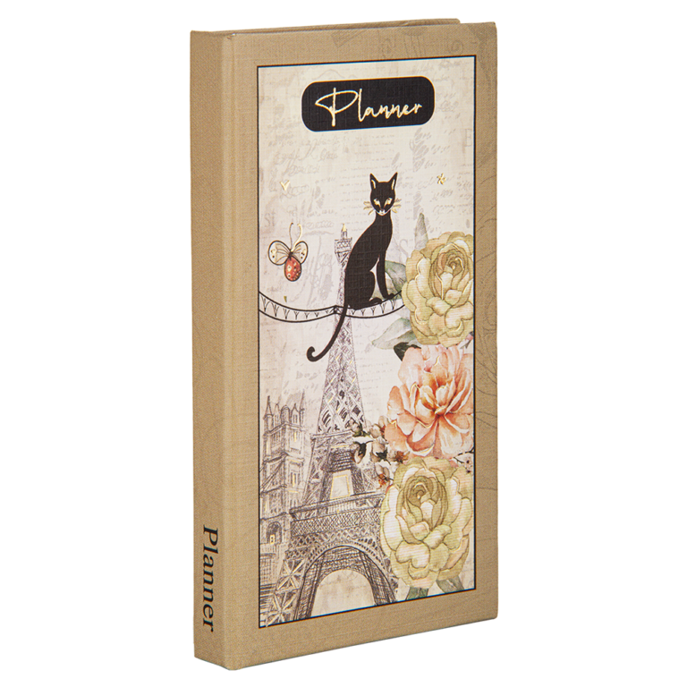 Planner with cat and floral design on a white background