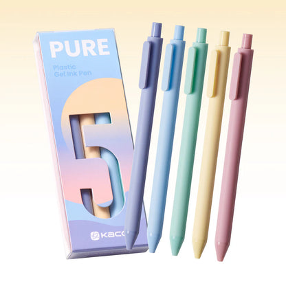 Set of pastel-colored gel ink pens with packaging on a light background