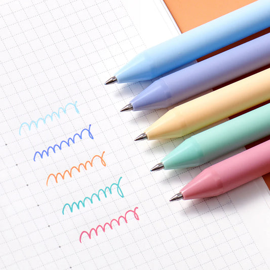 Five colorful pens on a piece of paper with handwritten text.