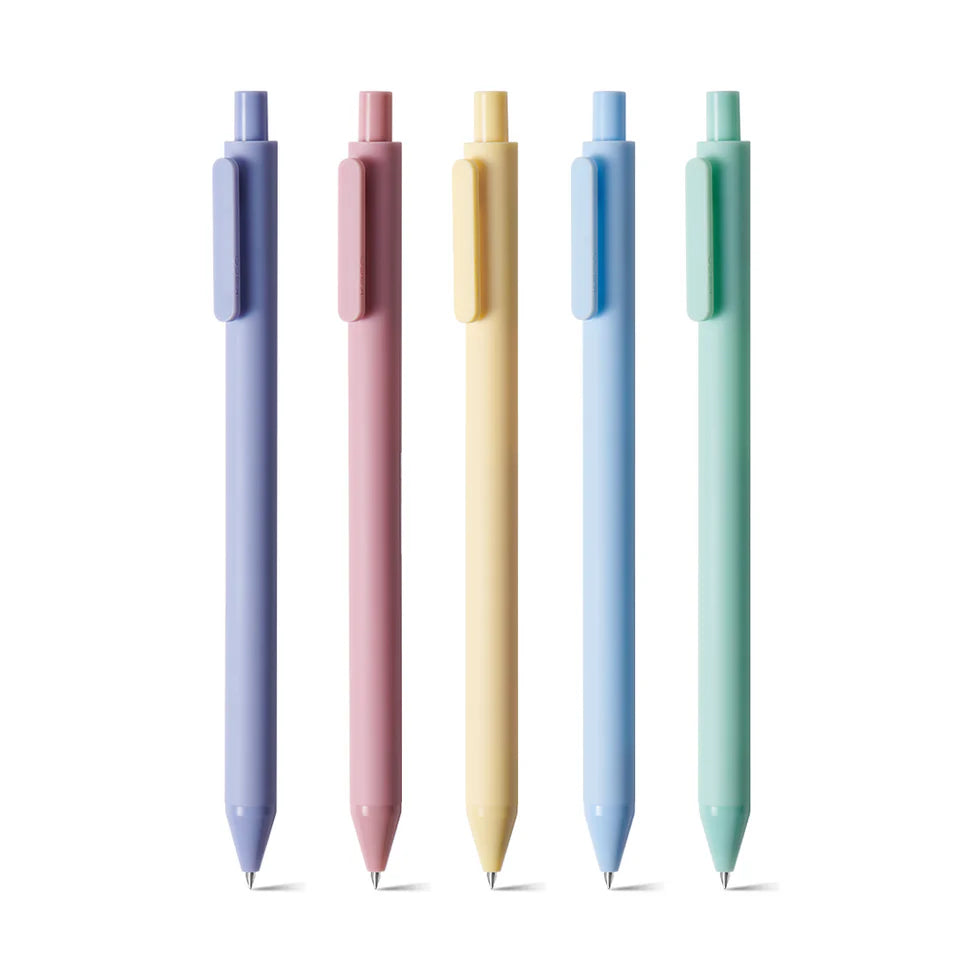Five pastel-colored pens on a white background