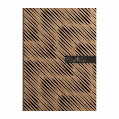 Notebook with diagonal striped pattern and 'Radikal' branding on a white background