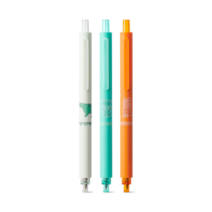 Three colorful pens with different colored caps on a white background