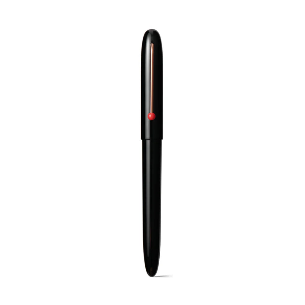 Black pen with a red accent on a white background