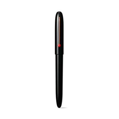 Black pen with a red accent on a white background