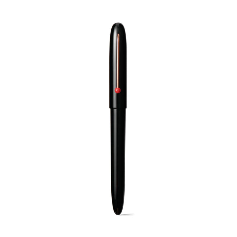 Black pen with a red accent on a white background