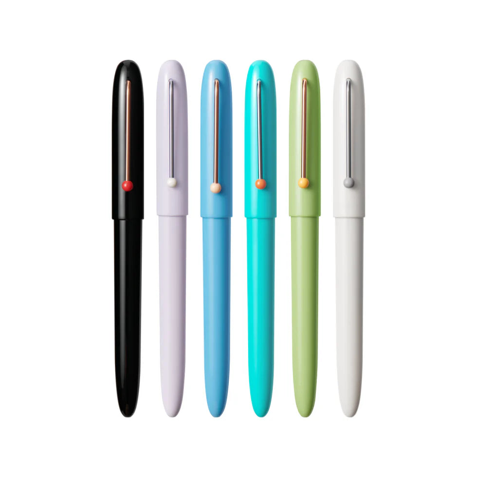 Set of six colorful pens on a white background