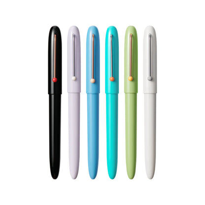 Set of six colorful pens on a white background