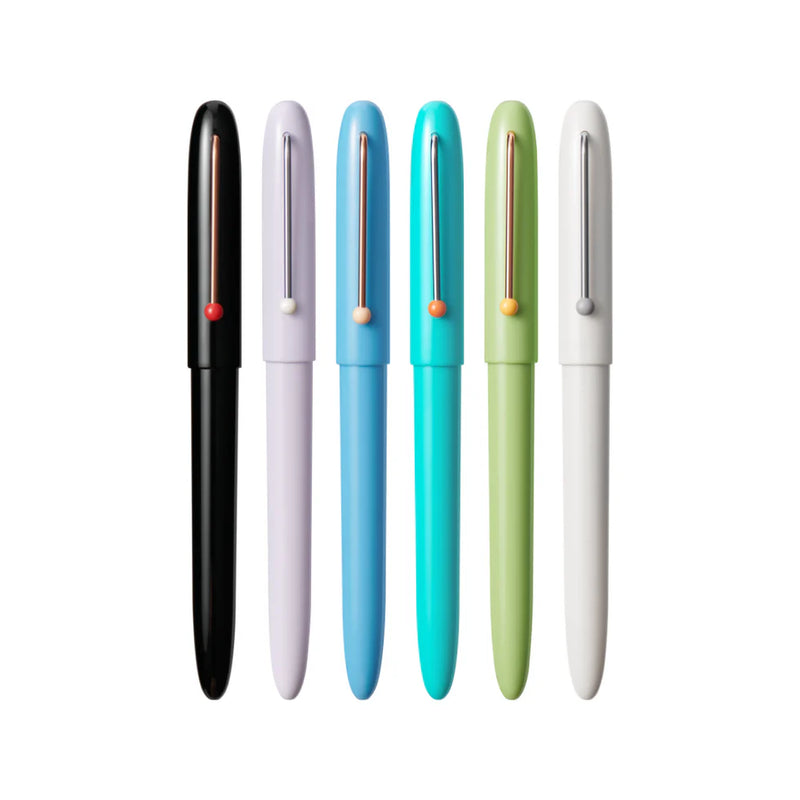 Set of six colorful pens on a white background