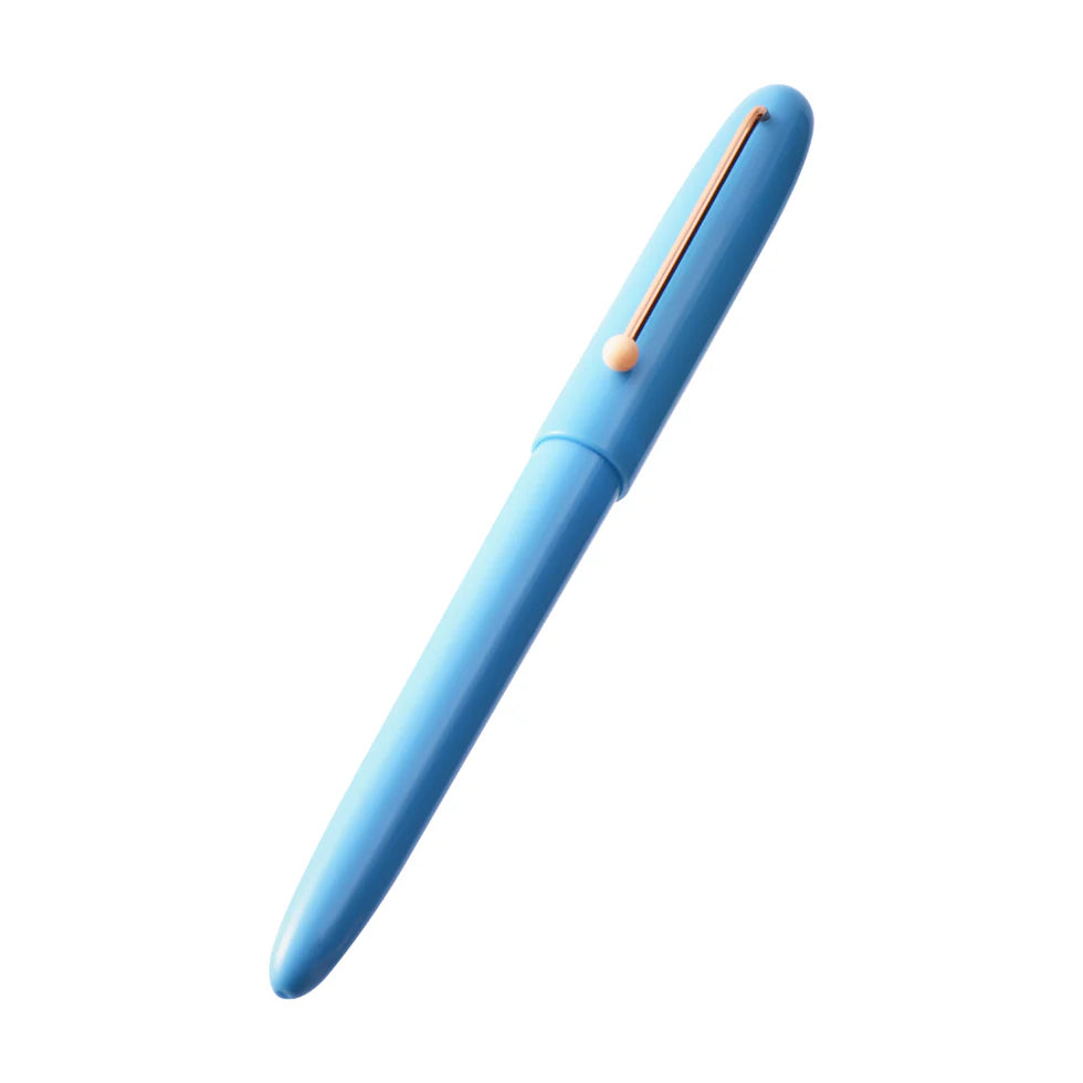 Blue pen with a gold clip on a white background