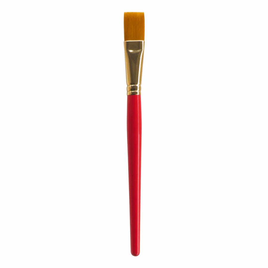 Paintbrush with red handle and gold ferrule on a white background