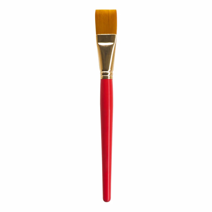 Paintbrush with a red handle and gold ferrule on a white background