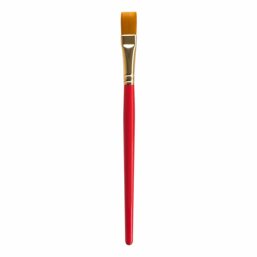 Paintbrush with a red handle and gold ferrule on a white background