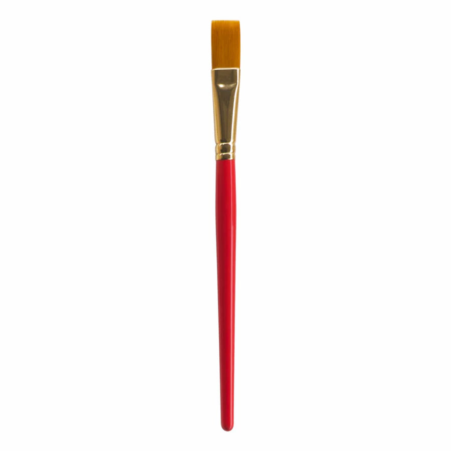 Paintbrush with a red handle and gold ferrule on a white background
