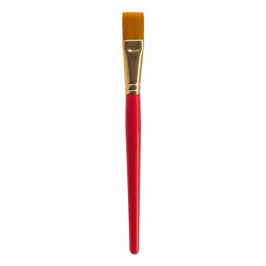 Paintbrush with a red handle and gold ferrule on a white background