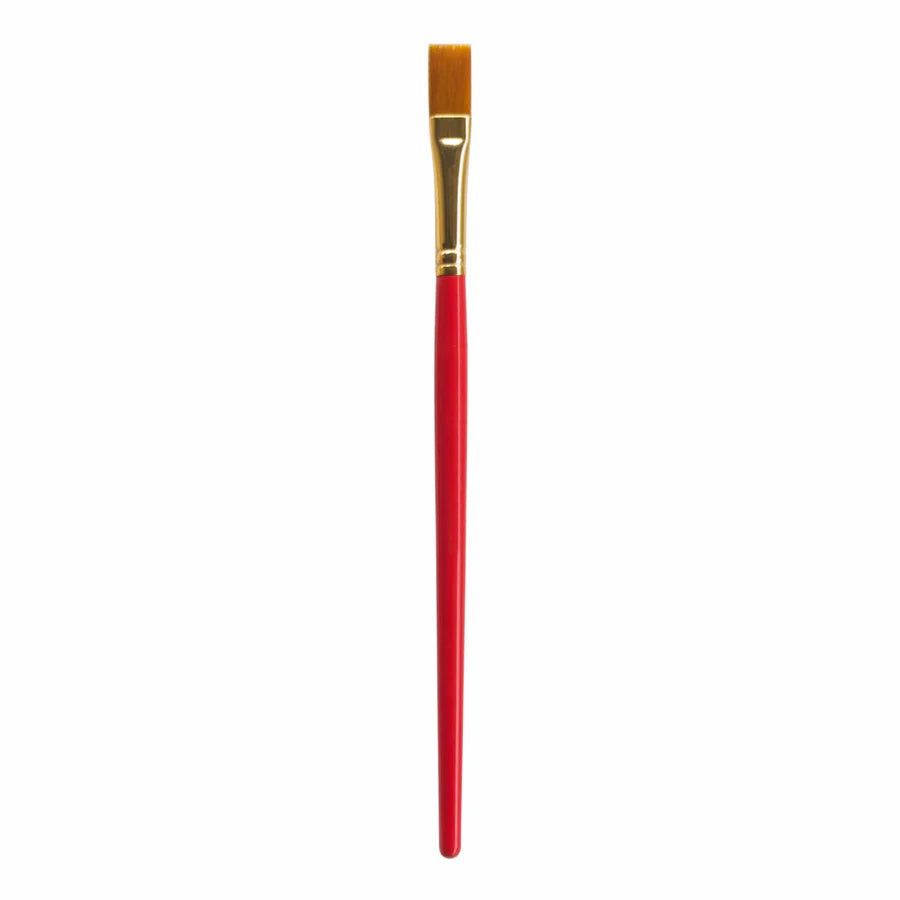 Paintbrush with a red handle and gold ferrule on a white background