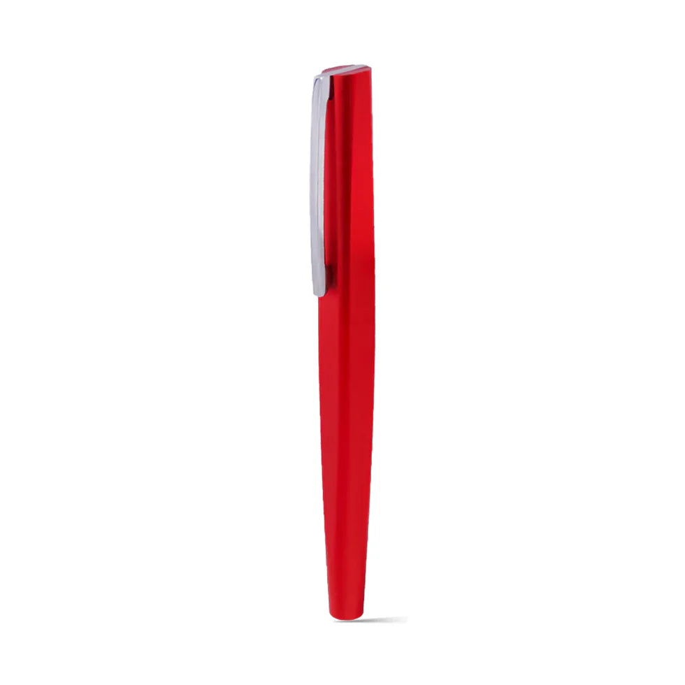 Red pen with a silver clip on a white background