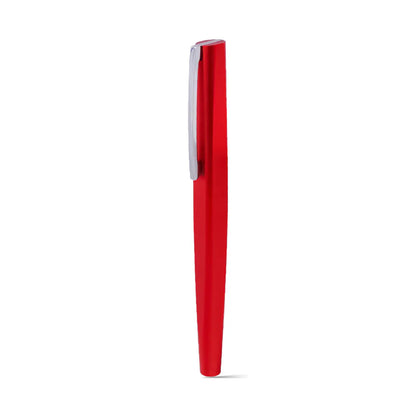 Red pen with a silver clip on a white background