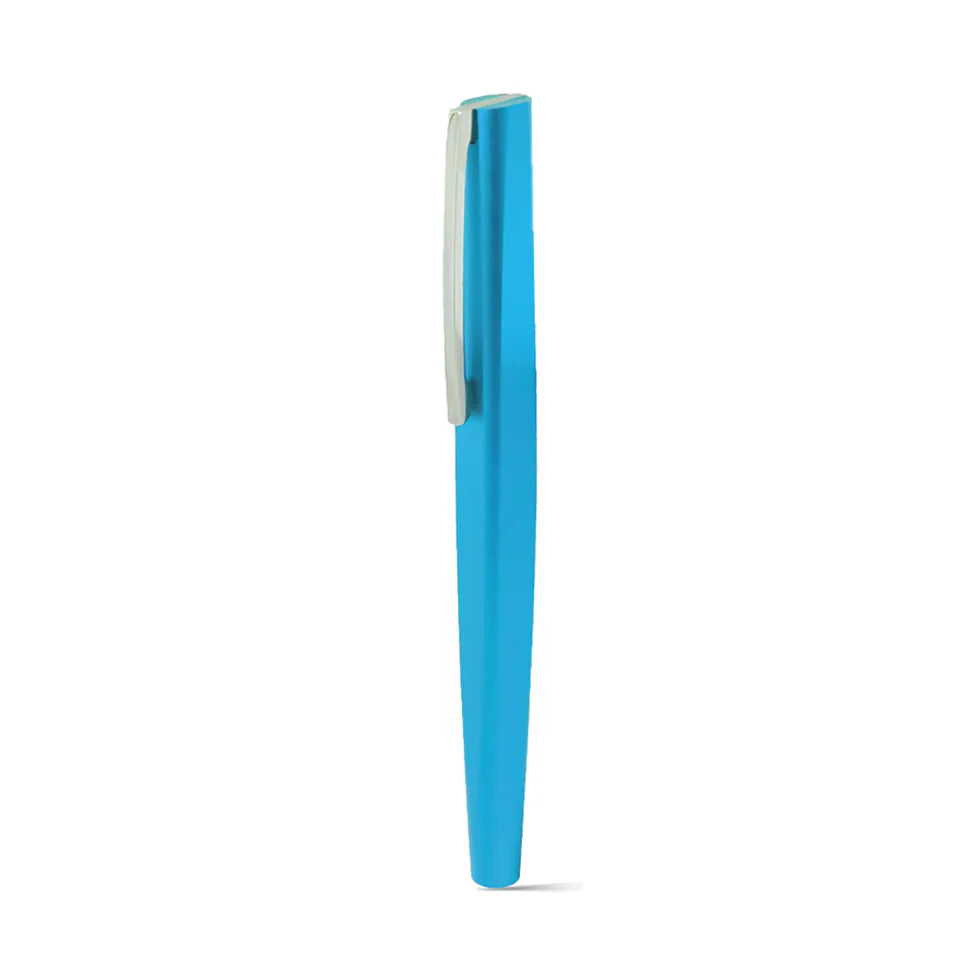 Blue pen with a white clip on a white background