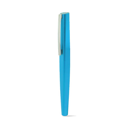 Blue pen with a white clip on a white background