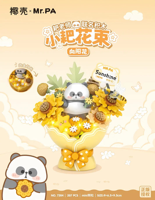 Floral arrangement with panda design and 'Mr.PA' branding on a beige background