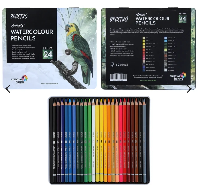 Brustro Artists Watercolour Pencils set with packaging showing a parrot illustration.