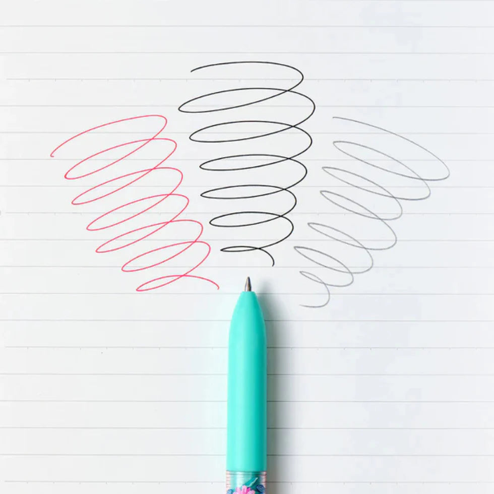 Turquoise pen with colorful design on a white background with spiral lines.