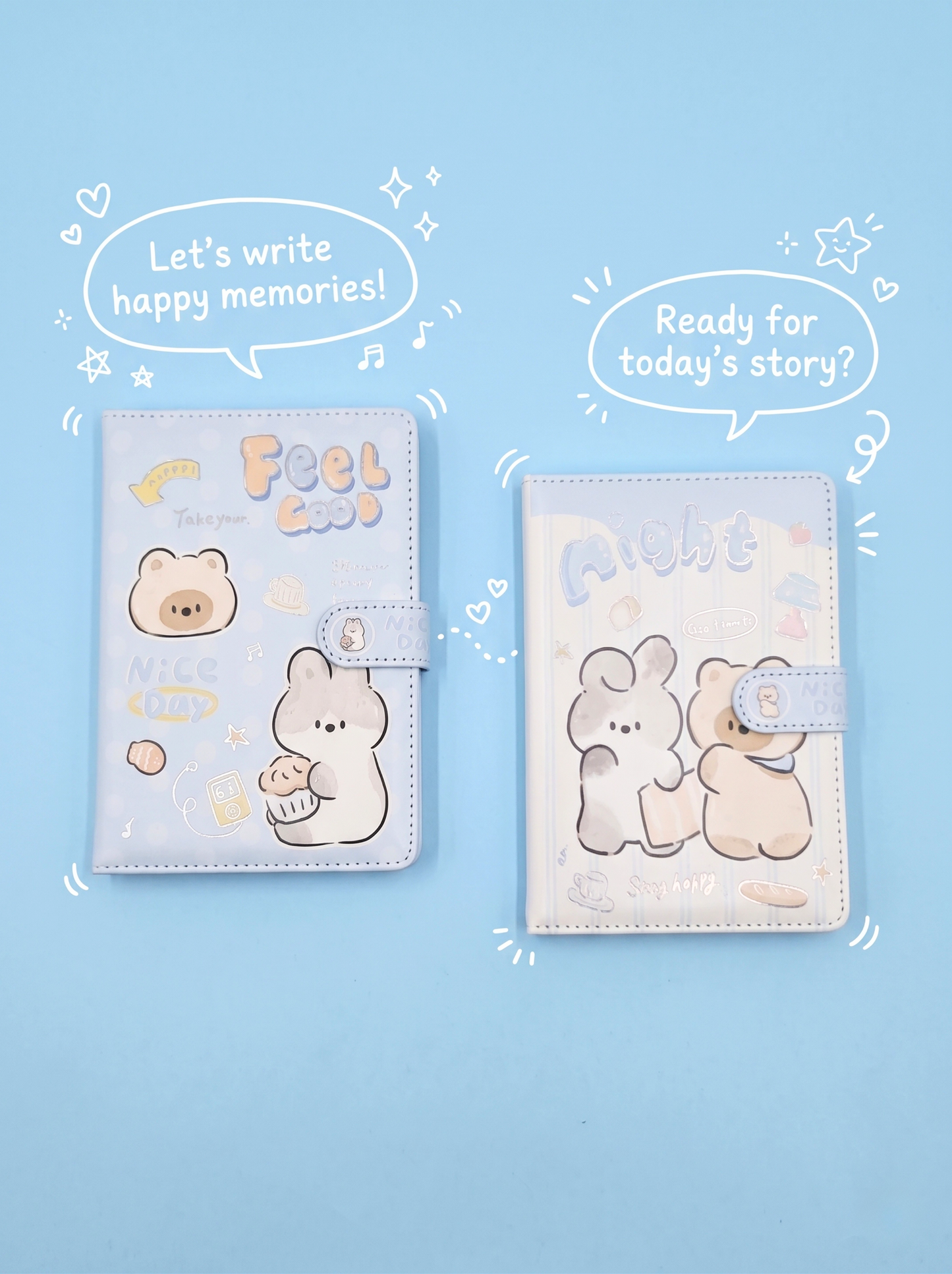 Two cute animal-themed notebooks with cartoon characters on a light blue background.