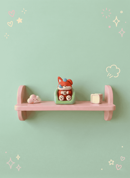 Pink shelf with decorative items against a light green wall with star and cloud patterns.