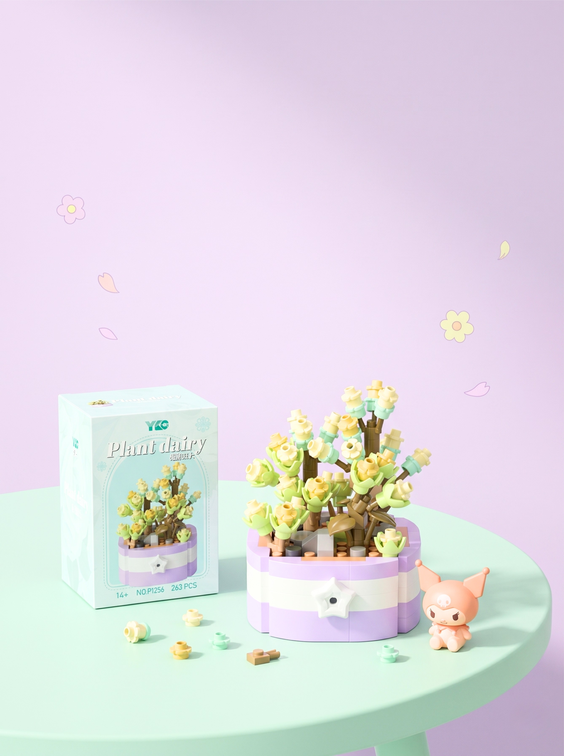 Small potted plant with a matching box on a light green table against a light purple background