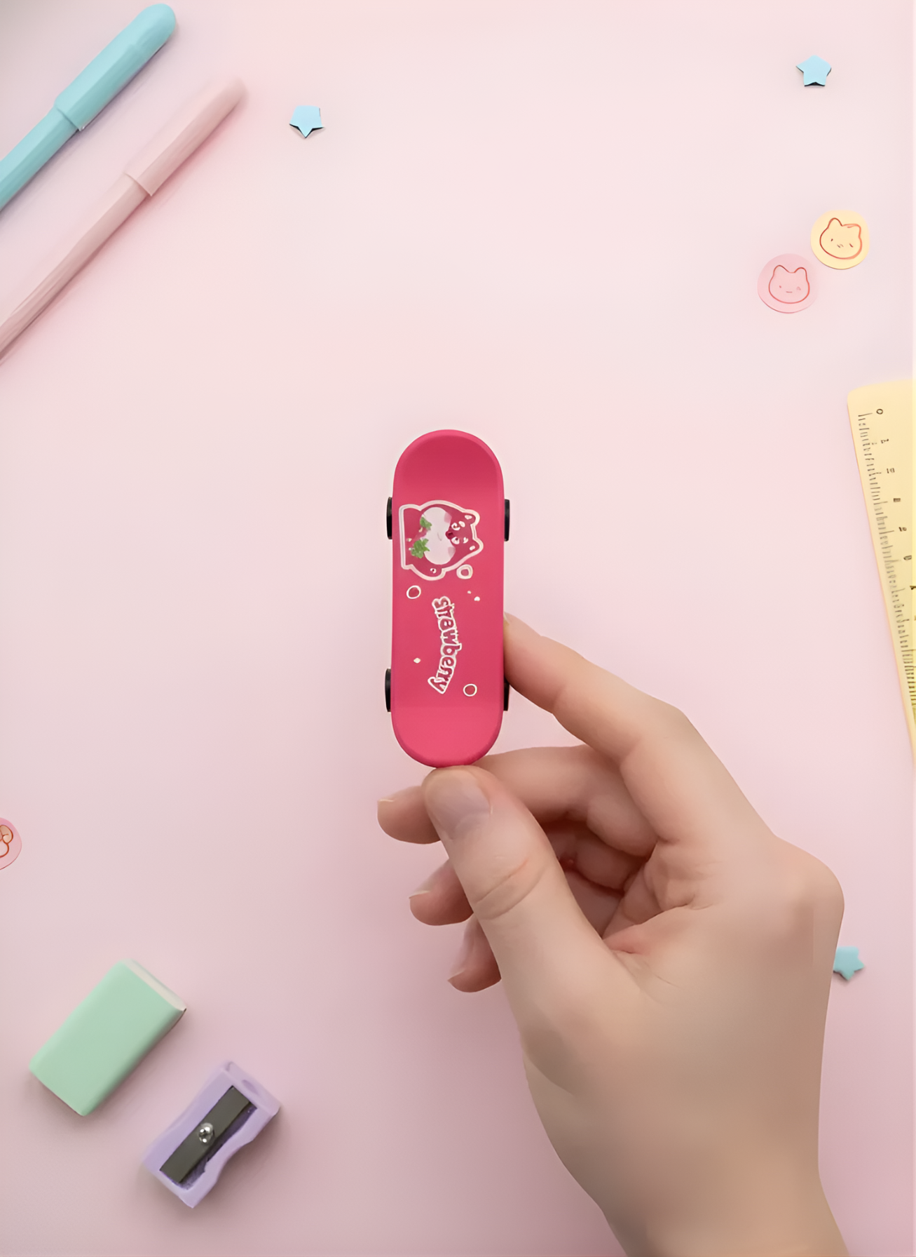 Small pink device with a cartoon character on a light pink background