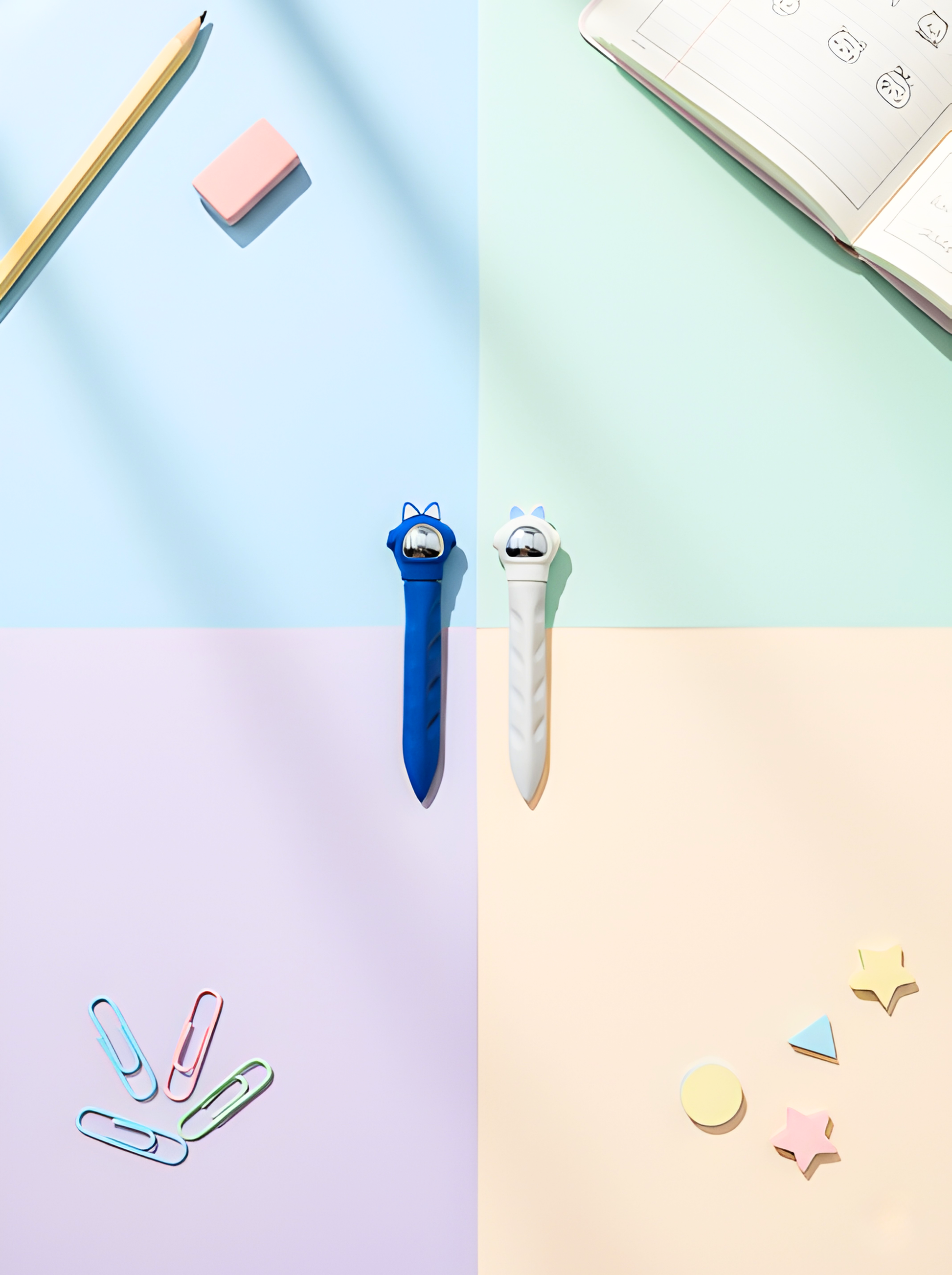 Colorful office supplies on a pastel background