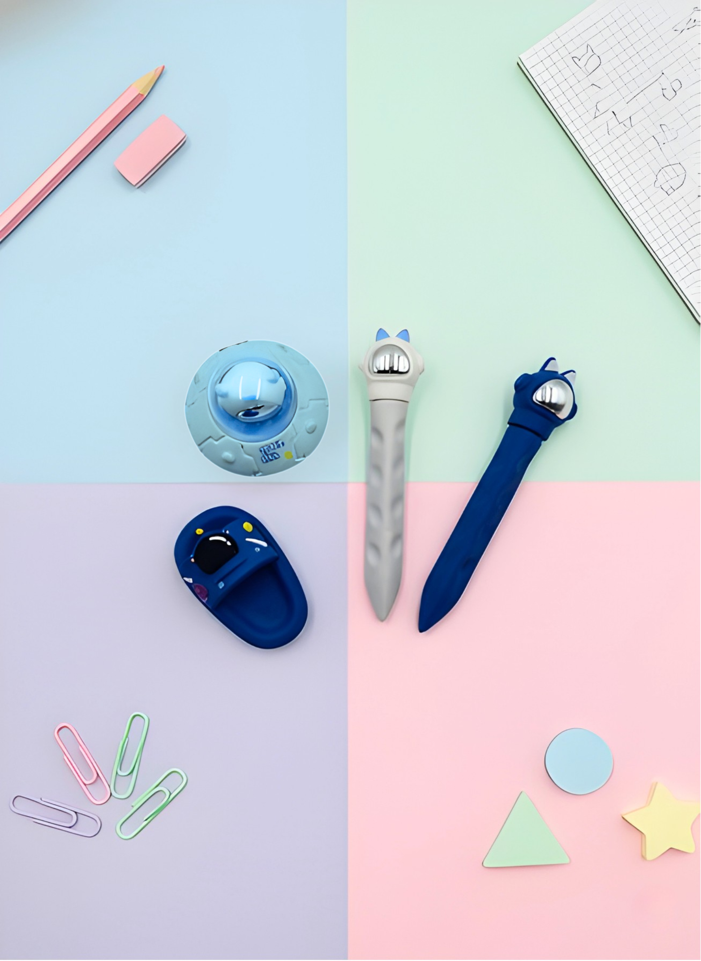 Colorful stationery items on a pastel grid background