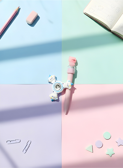 Colorful fidget spinner on a pastel background with stationery items.