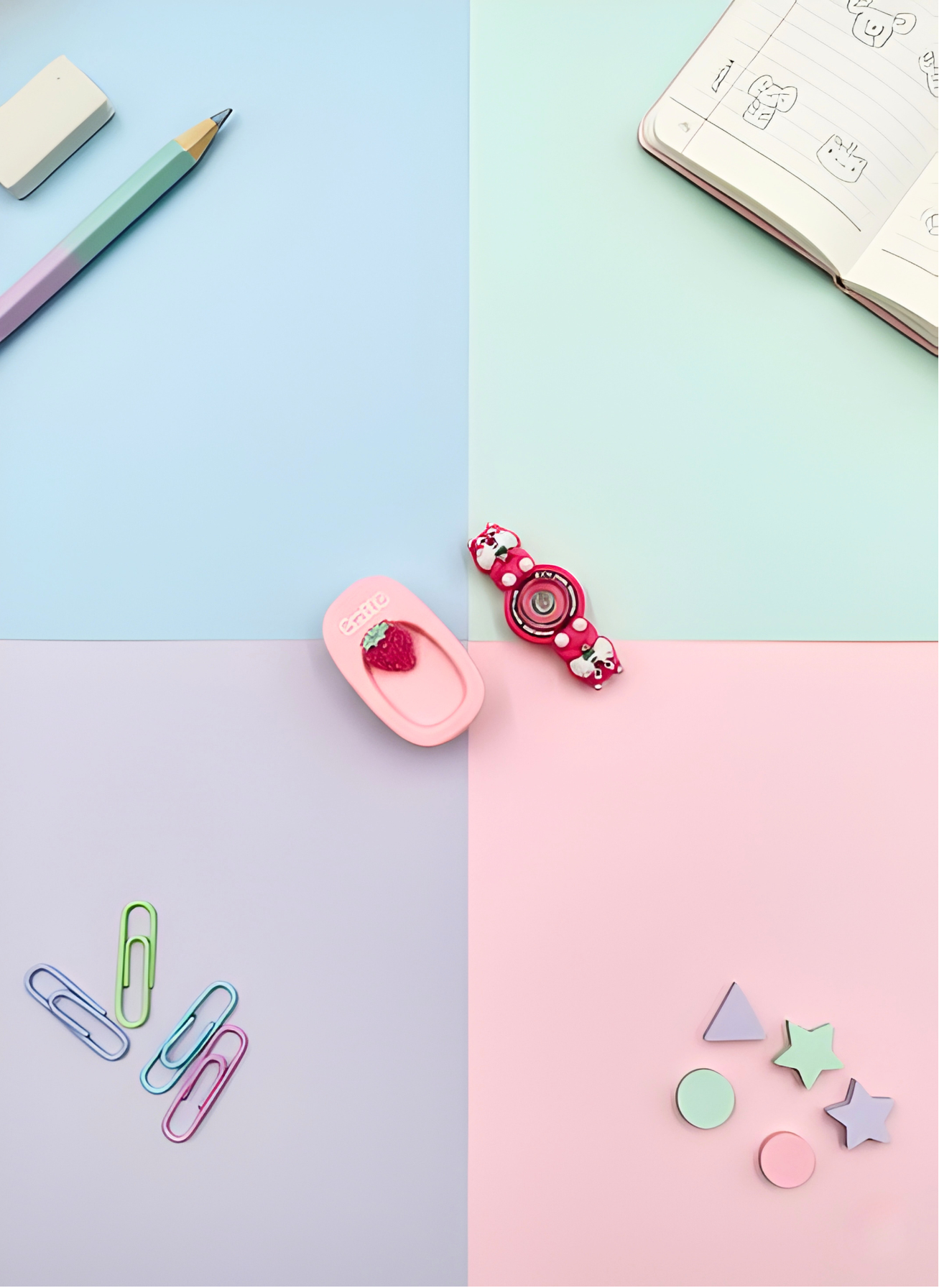Colorful stationery items on a pastel grid background