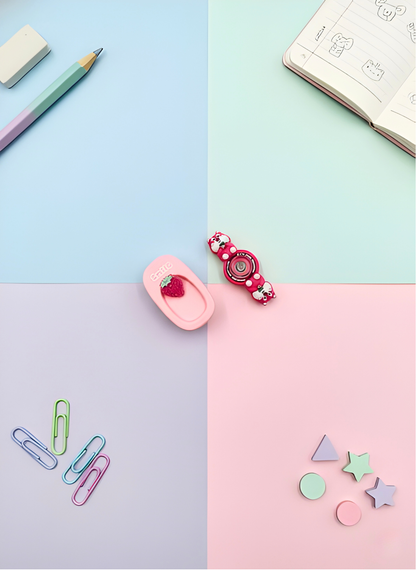 Colorful stationery items on a pastel grid background
