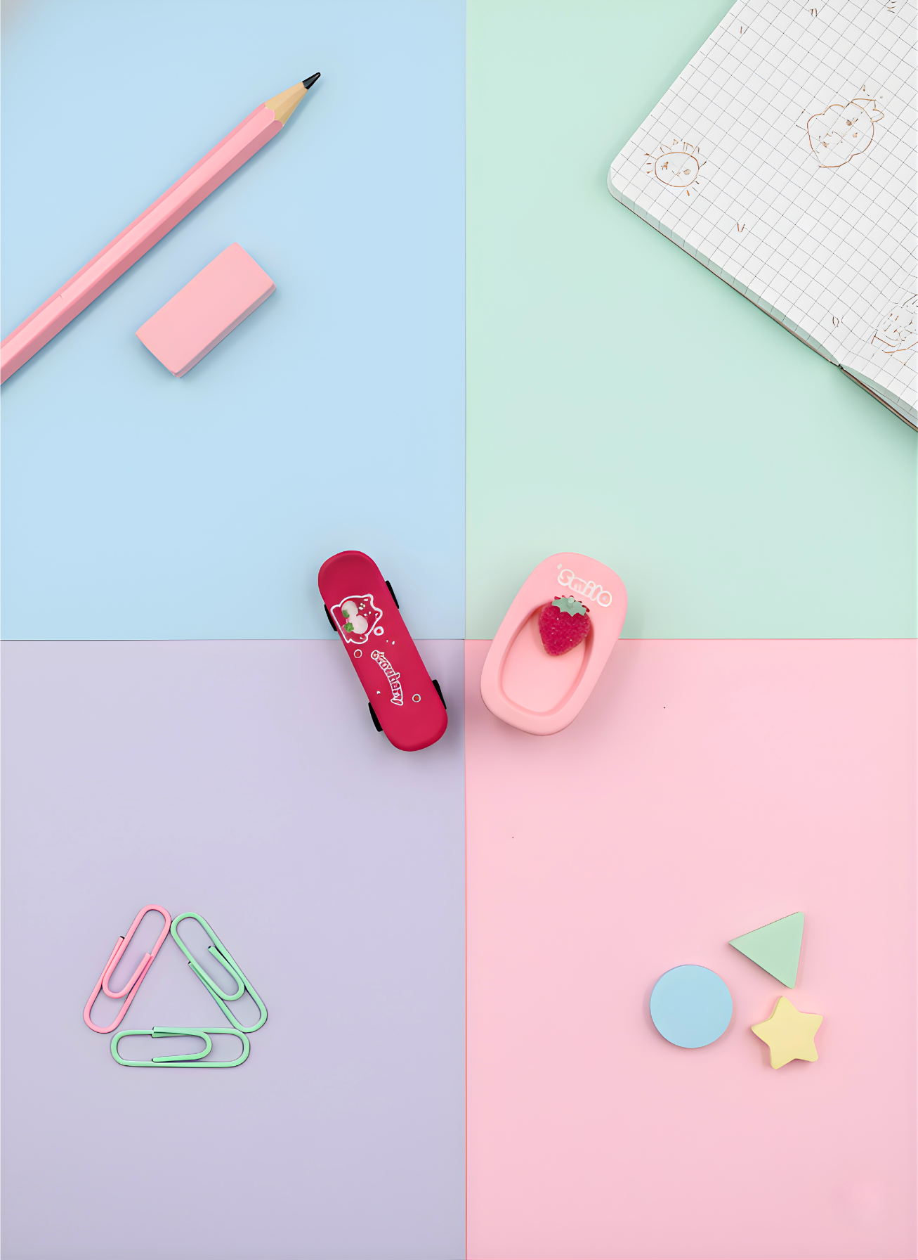 Stationery items including a pencil, eraser, and colorful paper clips on a pastel grid background.
