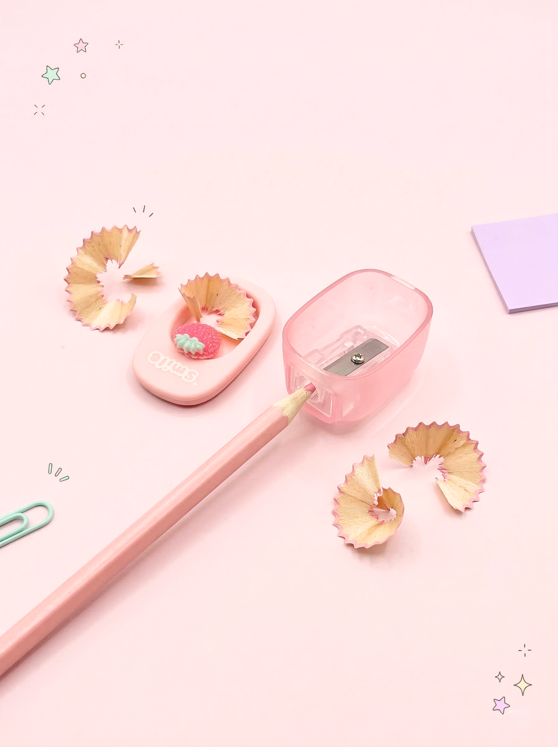 Pink pencil with sharpener and pencil shavings on a light pink background