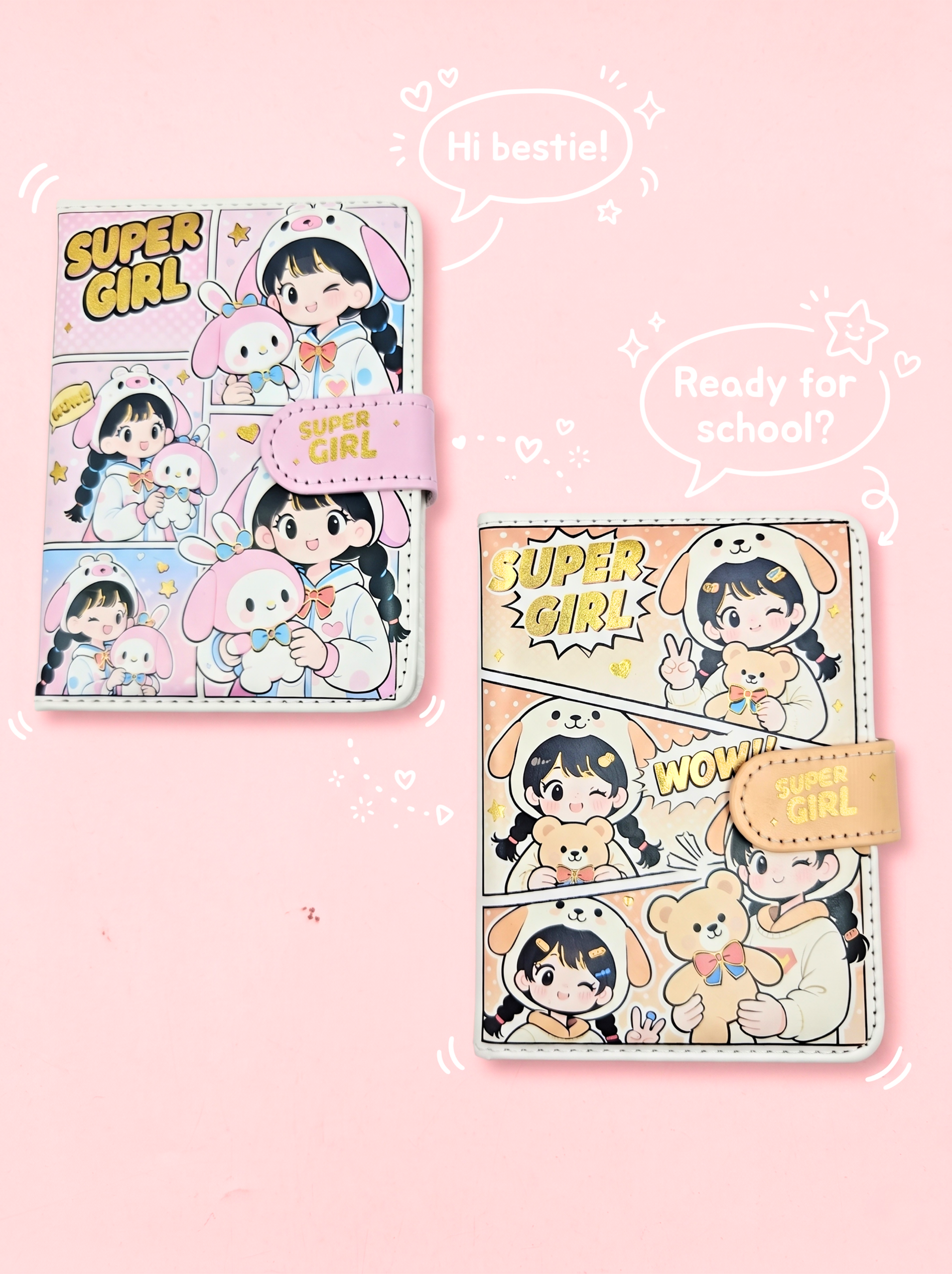 Two cartoon-themed notebooks with a pink background