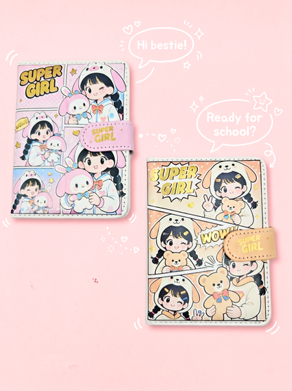 Two cartoon-themed notebooks with a pink background