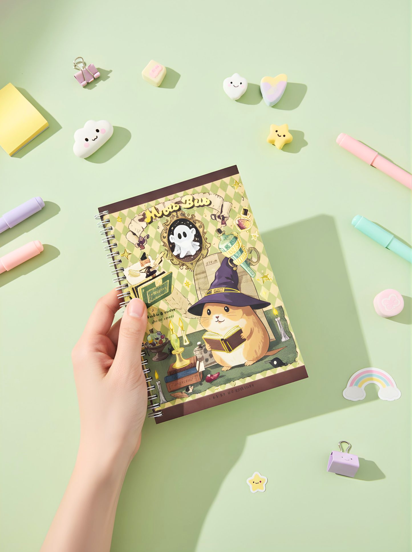 Notebook with a cute illustration of a hamster in a witch hat on a green background with stationery items.