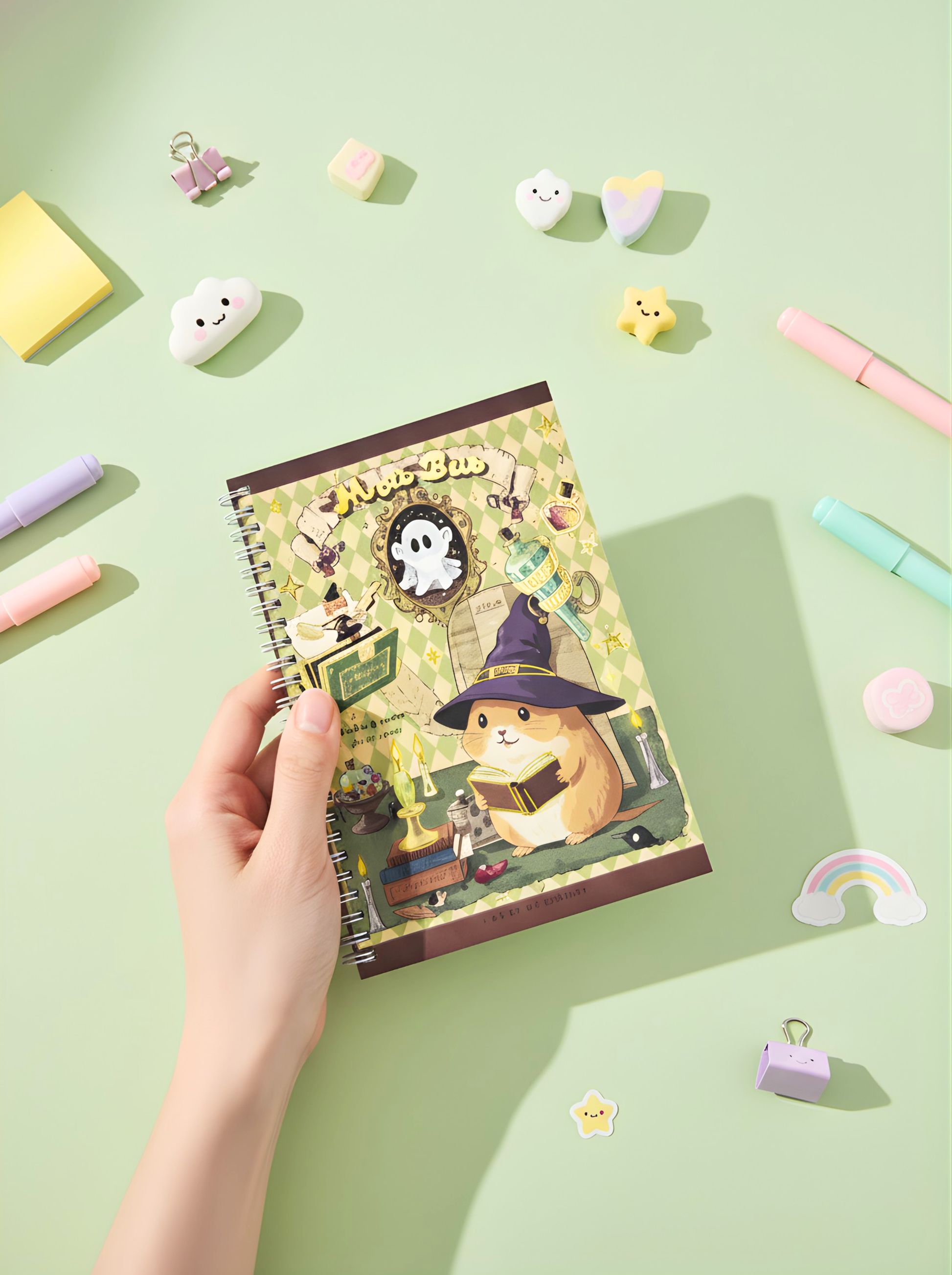 Notebook with a cute illustration of a hamster in a witch hat on a green background with stationery items.