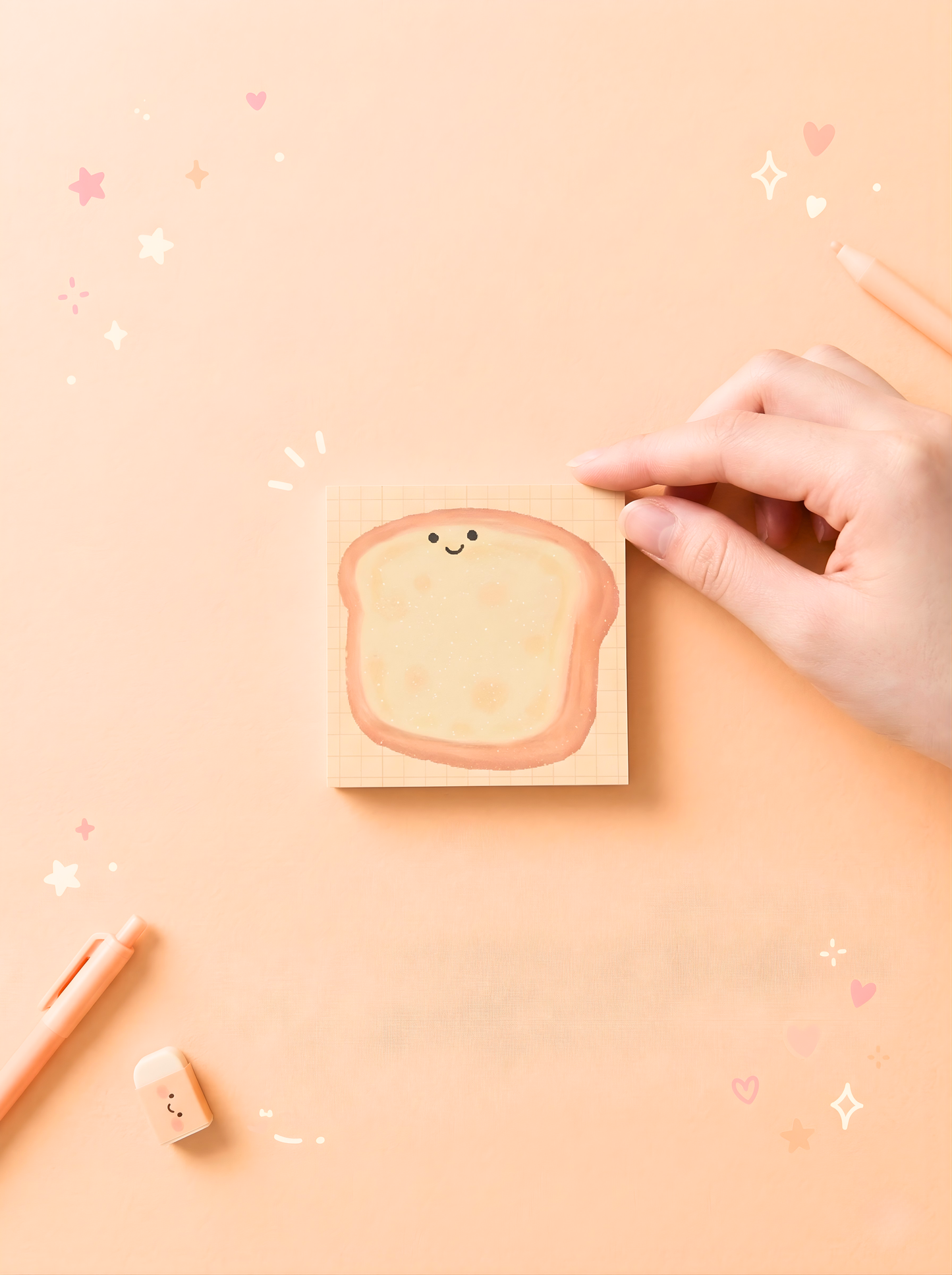 Hand holding a small notebook with a smiley face design on a pink background