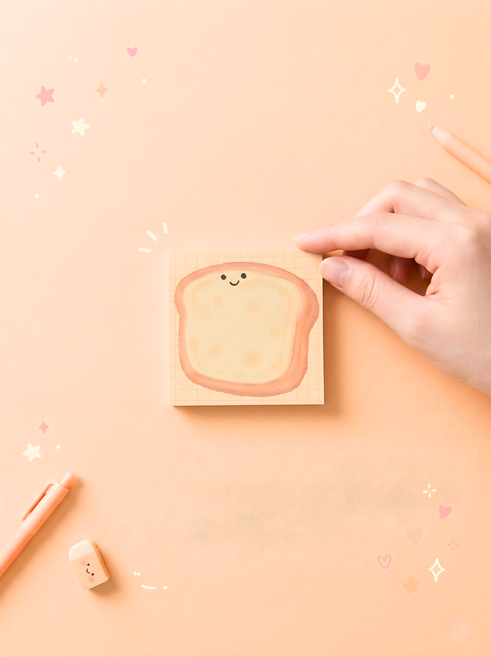 Hand holding a small notebook with a smiley face design on a pink background