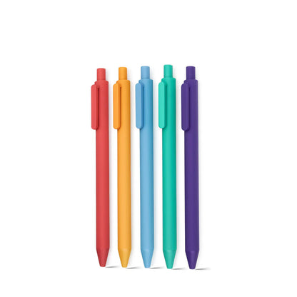 Five colorful pens in red, orange, blue, green, and purple on a white background