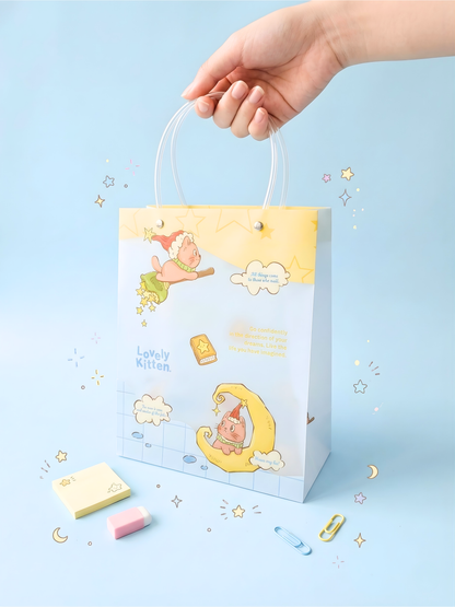 Gift bag with cartoon characters on a blue background